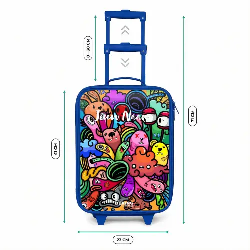 Vrolijke monsterchaos Kinderkoffer - Blauw klein -productfoto_formaten