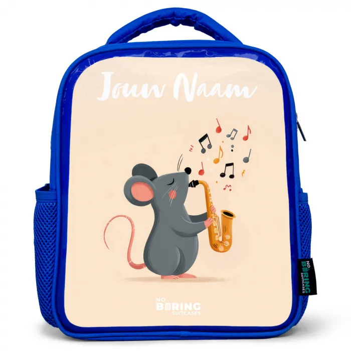 Muis - Saxofoon - Muziek Kinderrugzak - Blauw middel -3d