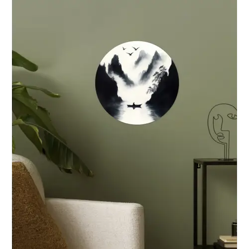 Roeiboot - Mistig - Bergen - Vogels Wandcirkel behangsticker klein -sfeer2