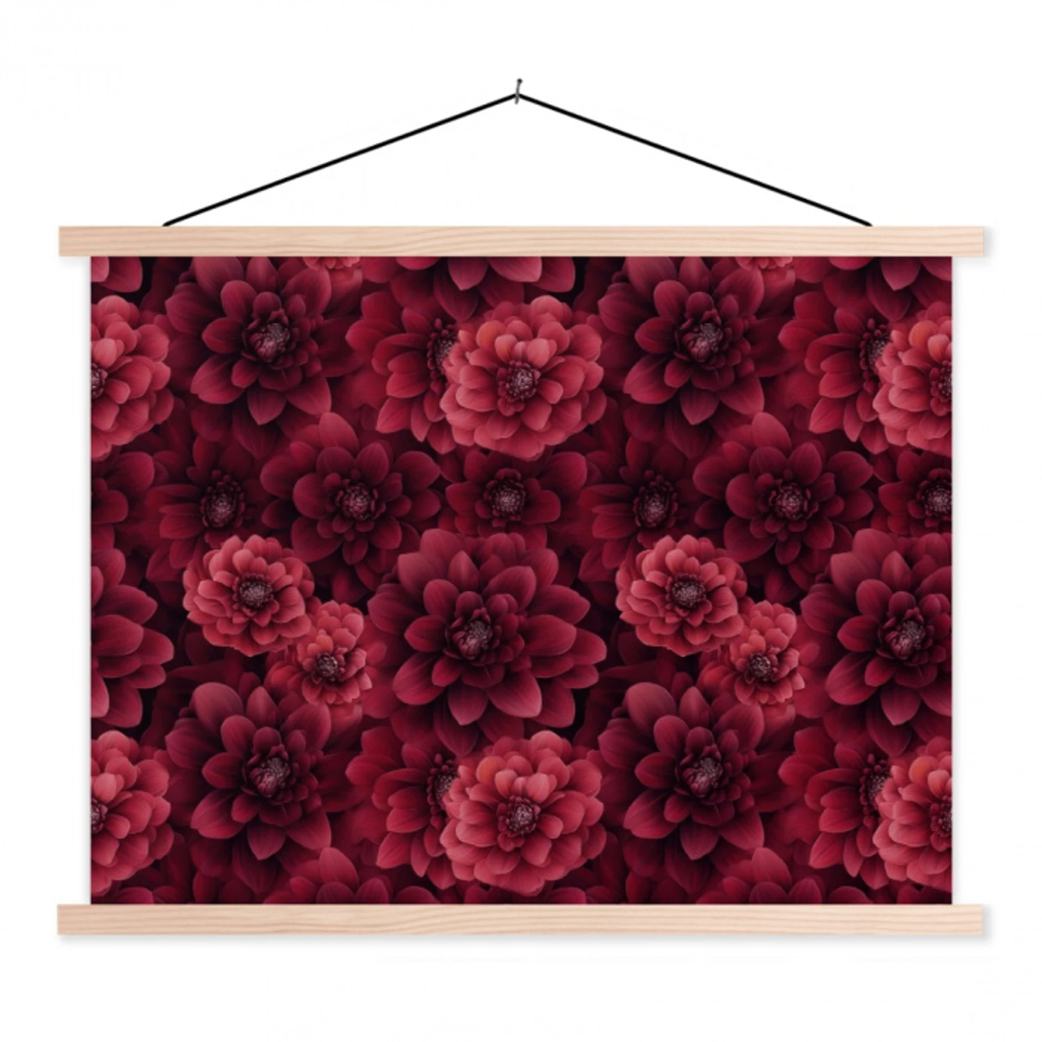 Dahlias - Bloemen - Rood textielposter latten blank klein 122 -3d