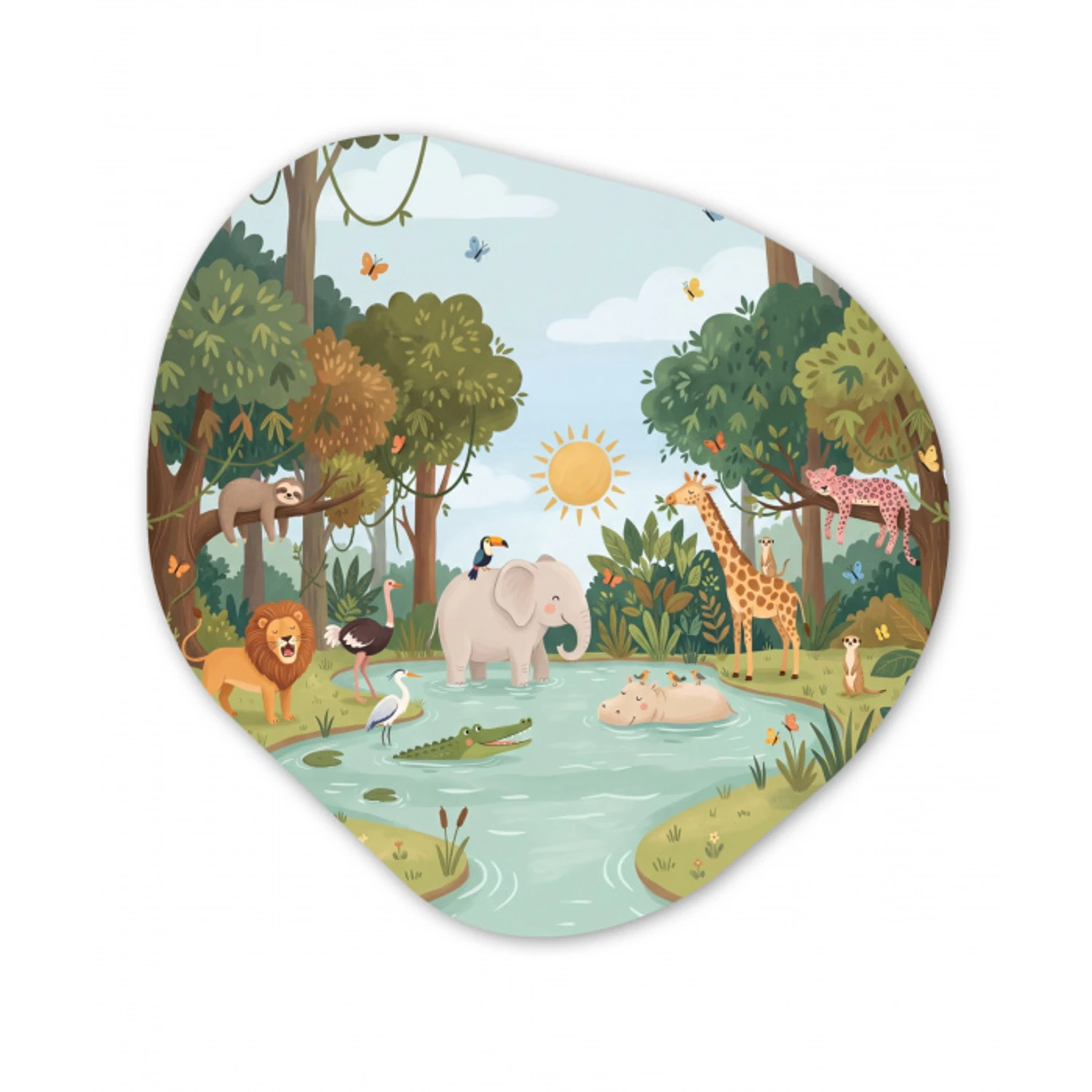 Jungle - Oase - Dieren - Kleurrijk Wandcirkel Organisch Aluminium middel -3d