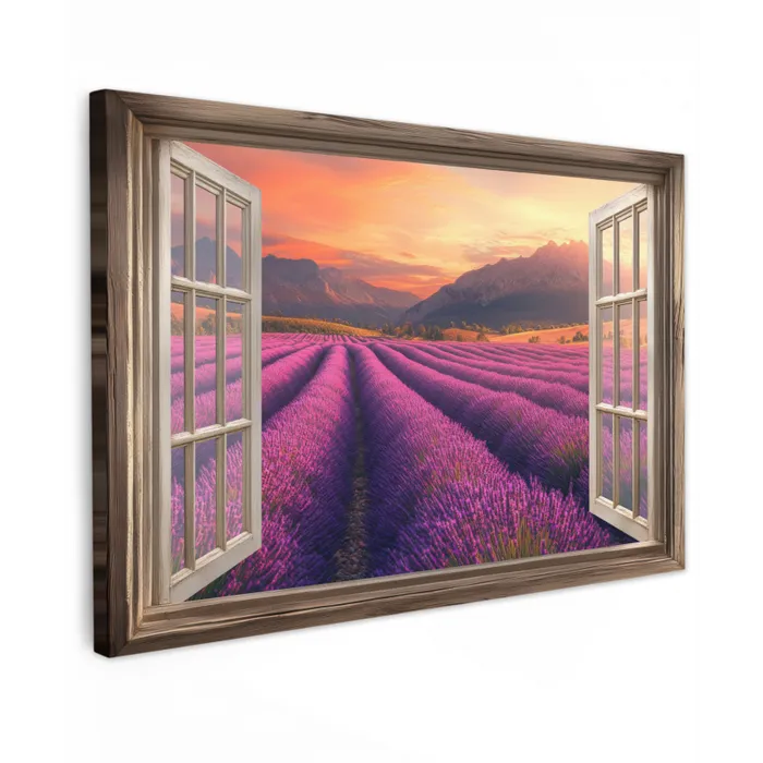 Doorkijk - Lavendel - Landschap - Bloemen - Paars Tuinposter op houten frame 2 cm dik klein -3d