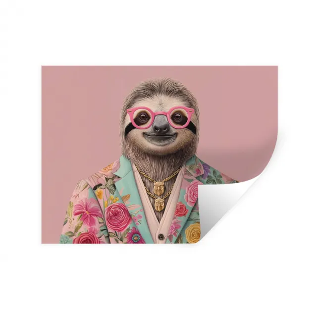 Muursticker - Luiaard - Bloemenprint - Bril - Roze