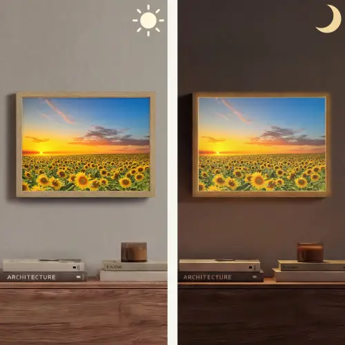 Bloemen - Zonnebloem - Zonsondergang - Nacht - Oranje Light Box met batterij (Wandlamp) middel -sfeer3