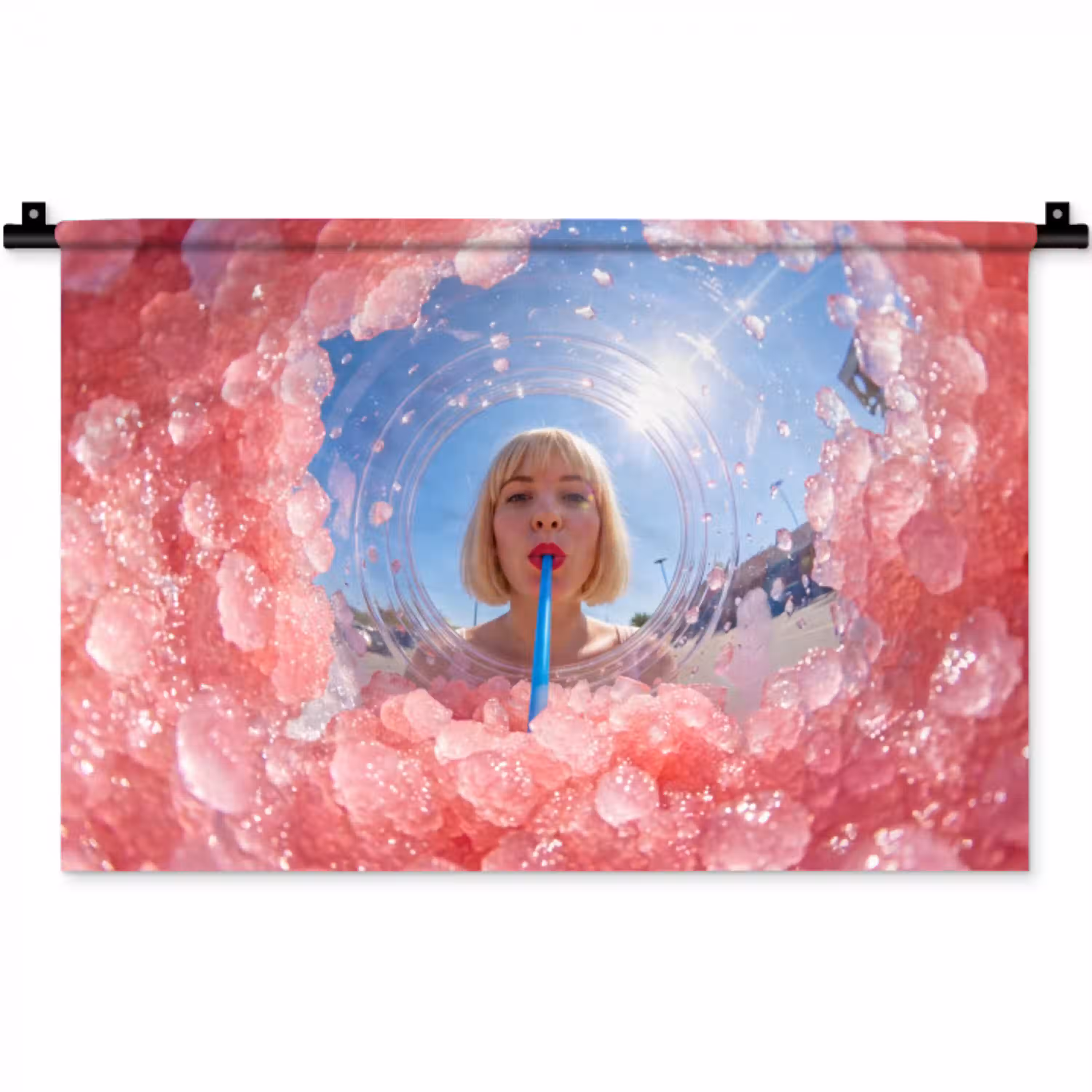 Vrouw - Drank - Zomer - Roze - Blauw Wandkleed katoen klein -zz3d