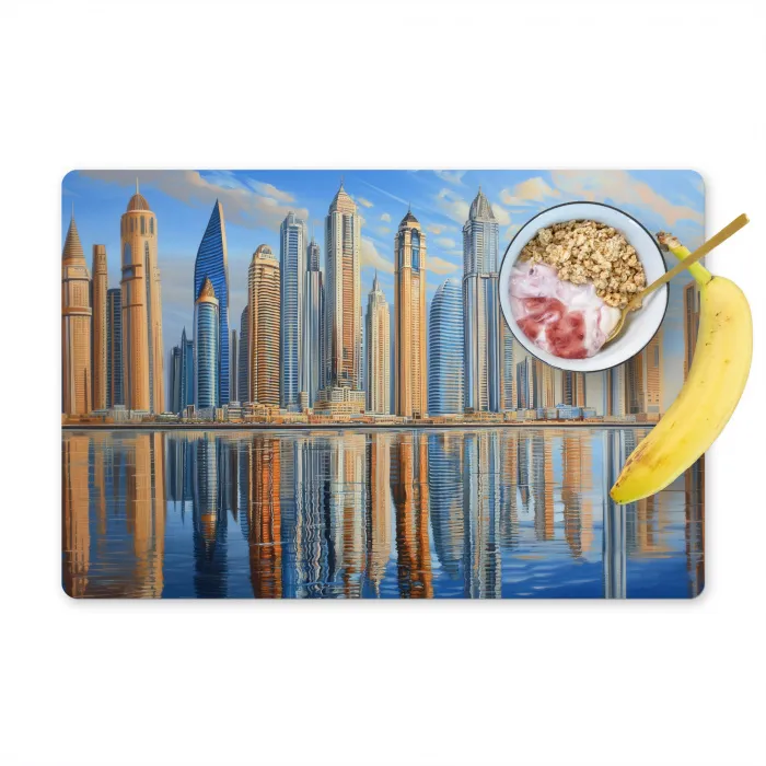 Skyline - Wolkenkrabbers - Water - Blauw Placemat vinyl groot -zzzproduct_Kitchenyeah-website