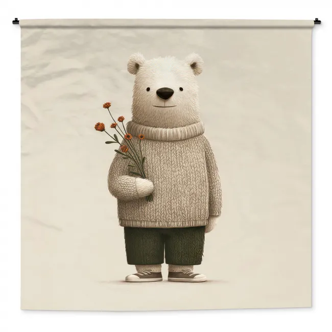 Wandkleed - Knuffelbeer - Oranje bloemen - Vriendelijk