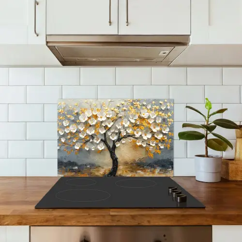 Boom - Bloemen - Goud - Beige keuken achterwand spatscherm klein -sfeer2