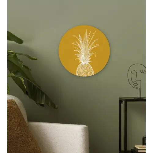 Lijnillustratie - Ananas - Bladkroon - Okergeel Wandcirkel plexiglas klein -sfeer3