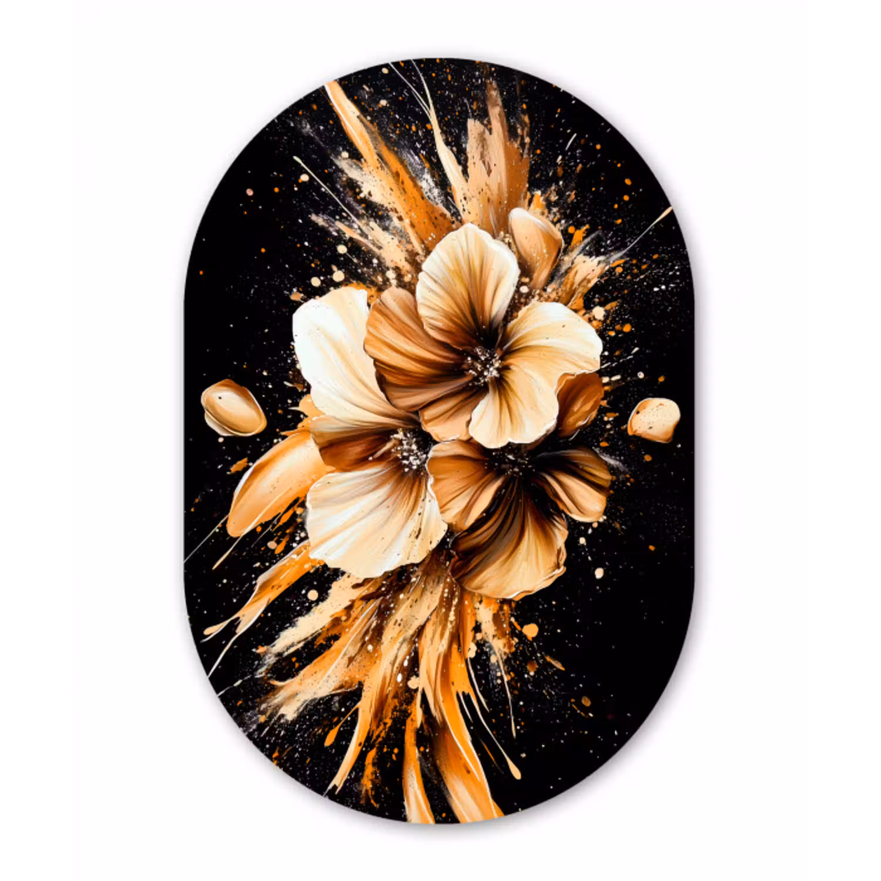 Bloemen - Goud - Graffiti - Zwart - Abstract Wandcirkel Ovaal Glas middel -3d