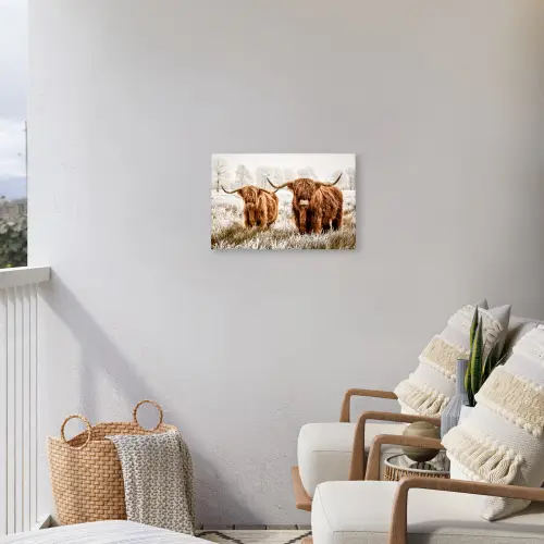 Schotse hooglander - Koe - Natuur - Winter Tuinposter op houten frame 2 cm dik klein -sfeer1