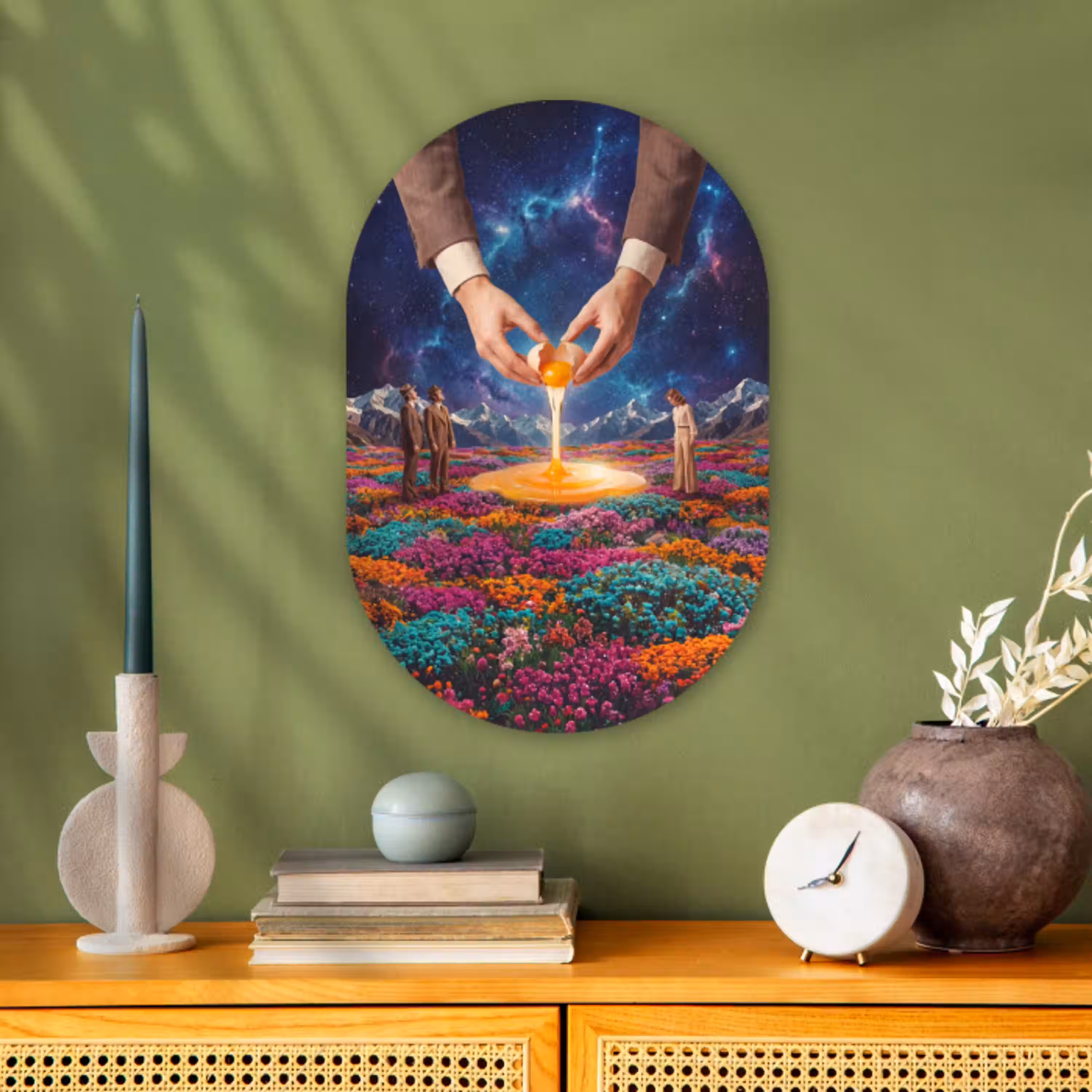 Handen - Ei - Surrealisme Wandcirkel Ovaal Forex klein -sfeer2