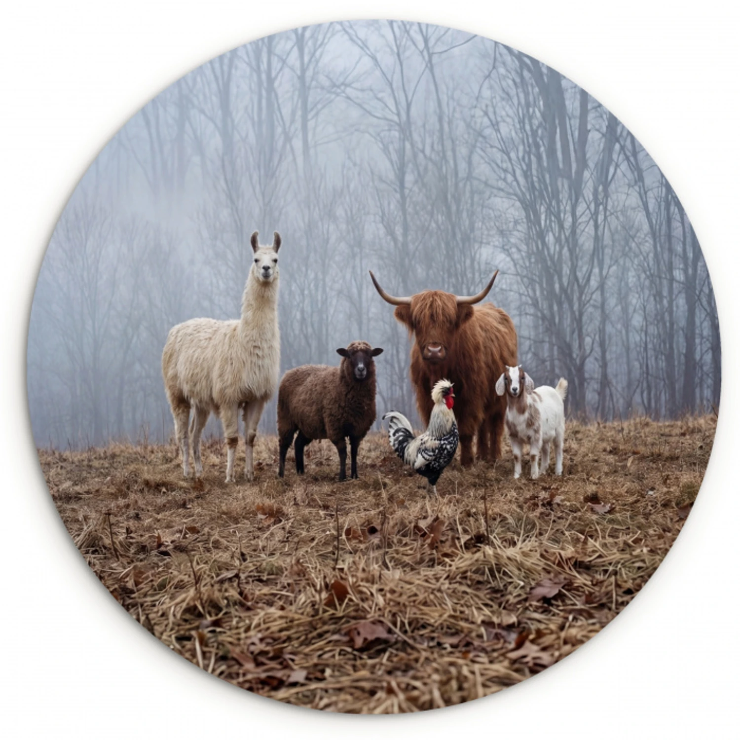 Boerderijdieren - Groep - Mist - Natuur - Rustiek Wandcirkel kunststof plaat 5mm dik klein -3d