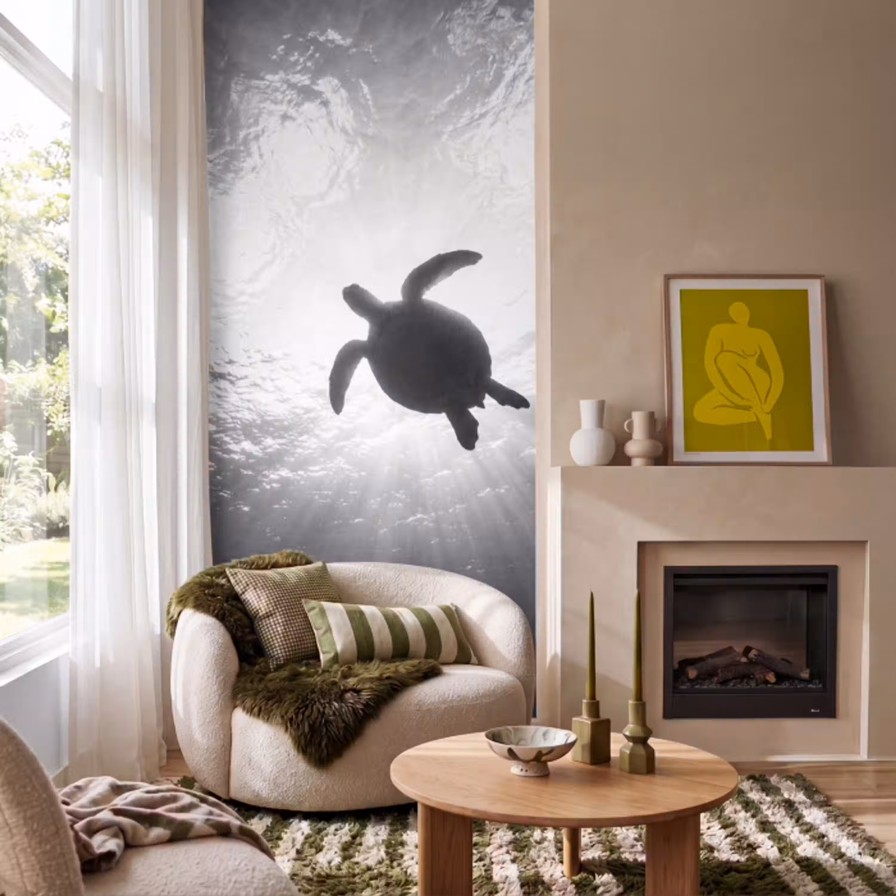 Schildpad - Onderwater - Lichtstralen - Oceaan - Zwart-wit Behang Vlies klein -sfeer2