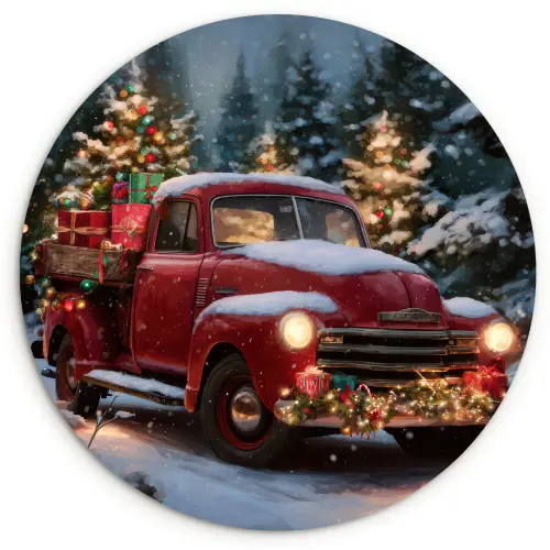 Kersttruck - Sneeuwbos - Rood Wandcirkel kunststof plaat 5mm dik klein -3d