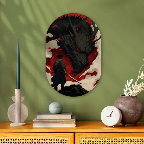 Krijger - Draak - Zwart - Rood - Rook Wandcirkel Ovaal Forex klein -sfeer2