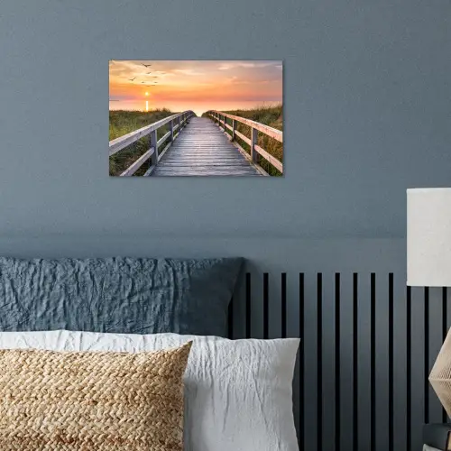 Zonsonderang - Zee - Pad - Gras - Duin - Vogels poster papier klein -sfeer2