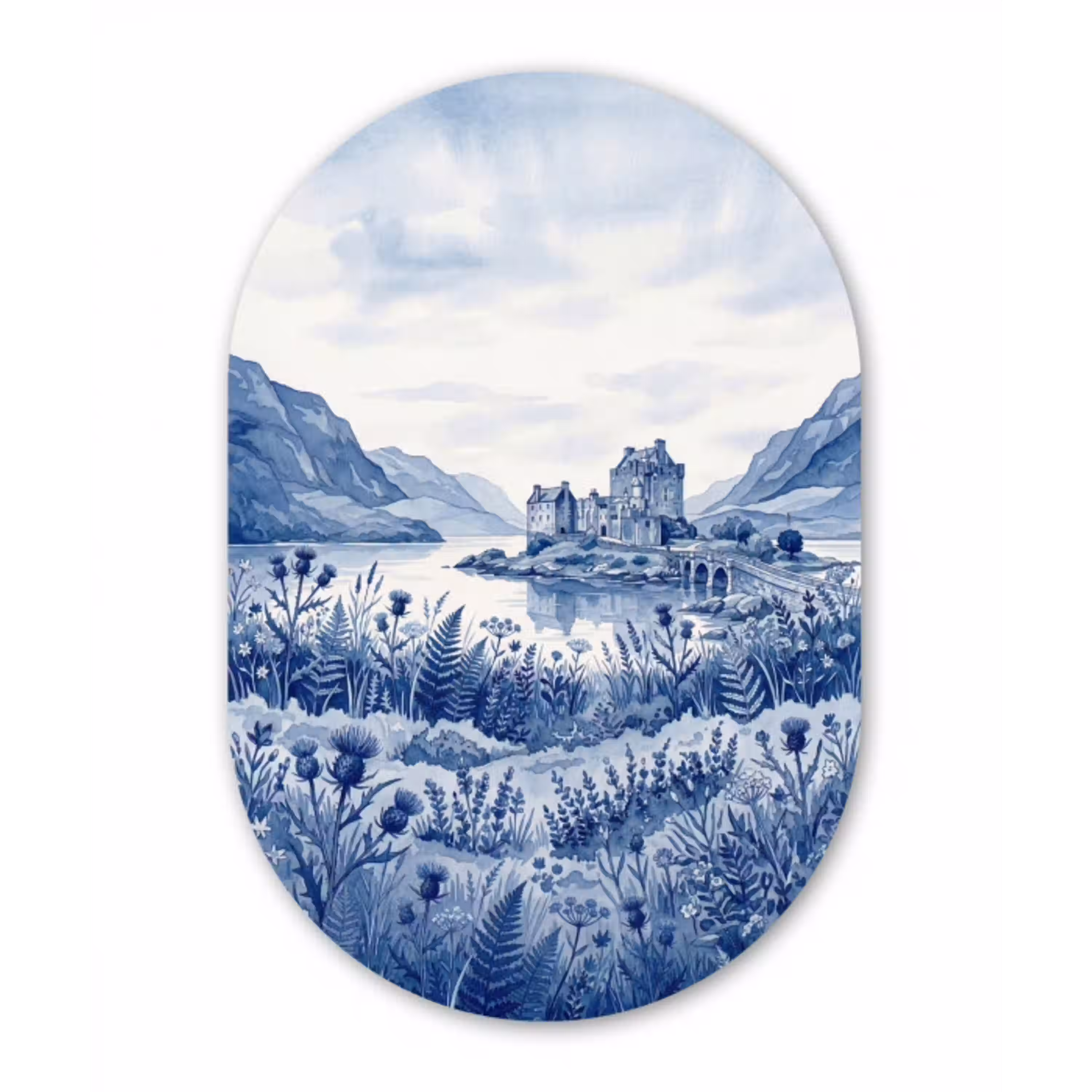 Schots - Kasteel - Blauw - Aquarel Wandcirkel Ovaal Aluminium middel -3d