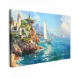Zeilboot - Rotsen - Kust - Huizen Tuinposter op houten frame 2 cm dik klein -3d