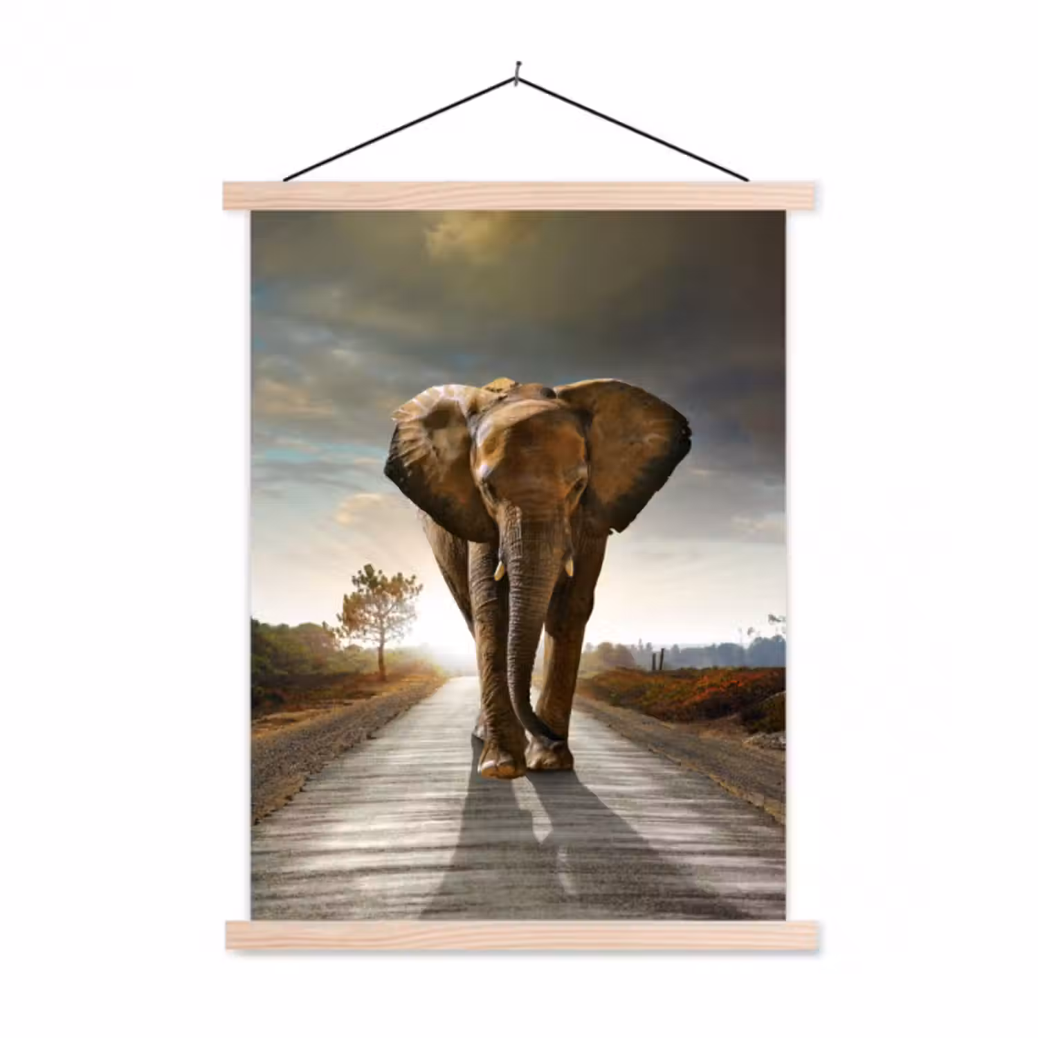 Stoffbild - Elefant - Straße - Tiere - Sonnenuntergang - Landschaft