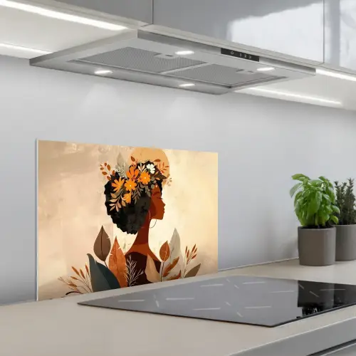 Vrouw - Krullen - Bloemen - Beige keuken achterwand spatscherm klein -3d_schuin