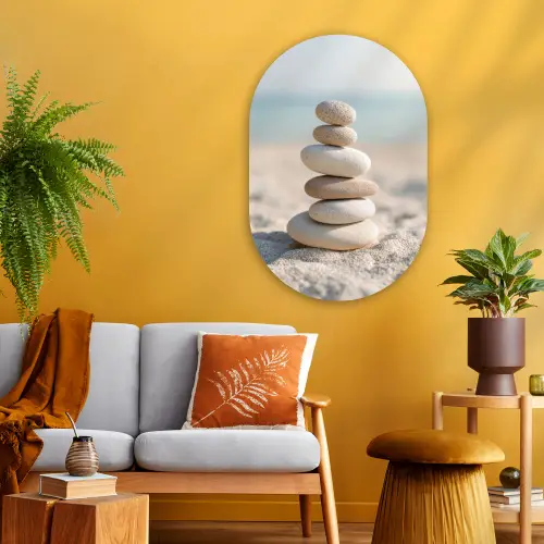 Stenen - Stapel - Zand - Zee Wandcirkel Ovaal Glas middel -sfeer4
