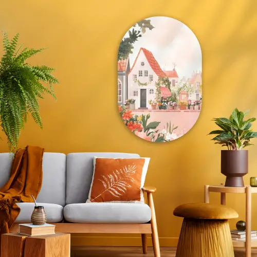 Bloemen - Huizen - Dorp Wandcirkel Ovaal Glas middel -sfeer4