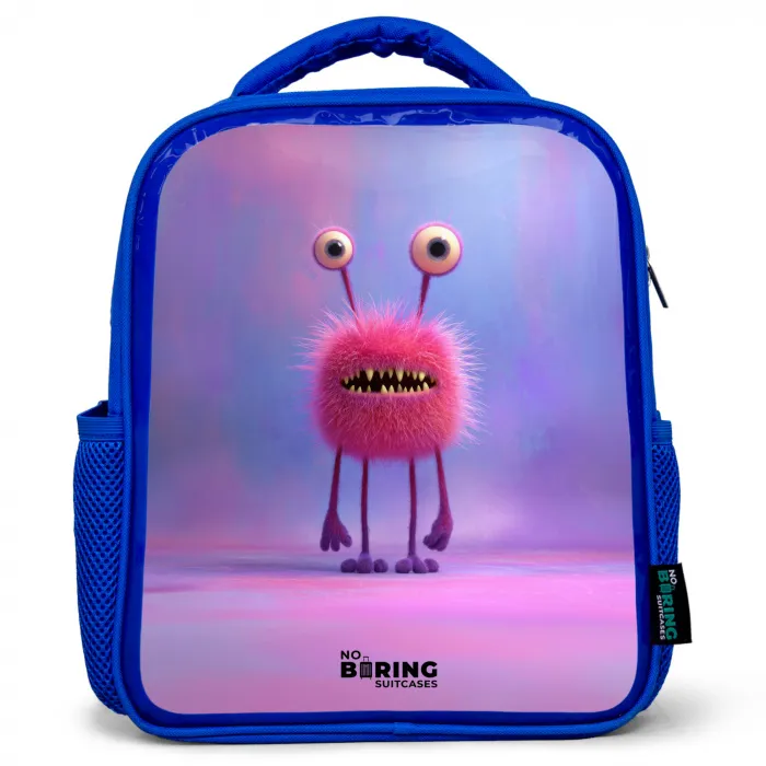 Roze harig monster met grote ogen Kinderrugzak - Blauw middel -3d