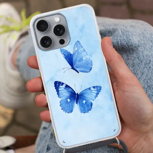Vlinders - Sierlijk - Blauw Hoesje iPhone 16 Pro Max met koord klein -sfeer3