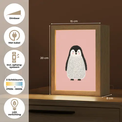 Pinguïn - Stippen - Minimalistisch - Roze Light Box met kabel klein -USP_NL