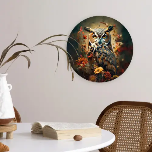 Uil - Vogel - Bloemen - Planten - Botanisch Wandcirkel kunststof plaat 5mm dik klein -sfeer4