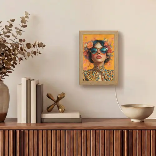 Vrouw - Bloemen - Aesthetic - Oranje Light Box met kabel (Tafellamp) klein -sfeer2