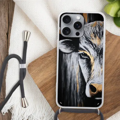 Stier - Hoorns - Snuit - Goud Hoesje iPhone 16 Pro Max met koord klein -sfeer4