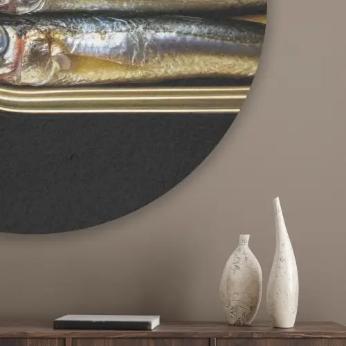 Sardines - Tekst - Vis - Blik Akoestische PET Vilt - Rond klein -sfeer5_closeup