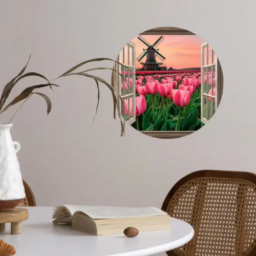 Doorkijk - Tulpen - Bloemen - Molen - Raam Wandcirkel behangsticker klein -sfeer3