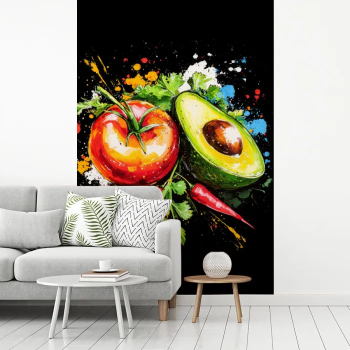 Tomaat - Avocado - Peper - Graffiti - Verf - Modern fotobehang vinyl groot -woonkamer