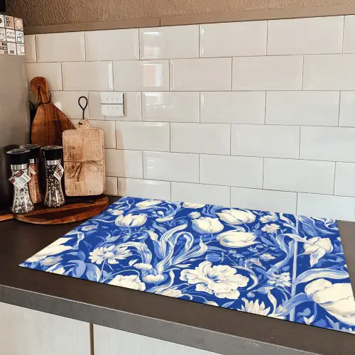 Bloemen - Delfts Blauw - Patroon - Tulp Inductie beschermer vinyl 3mm klein -sfeer3