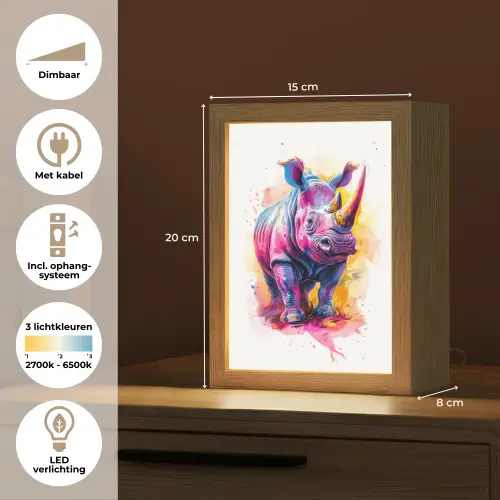 Neushoorn - Kleurrijk - Verf - Dieren Light Box met kabel klein -USP_NL