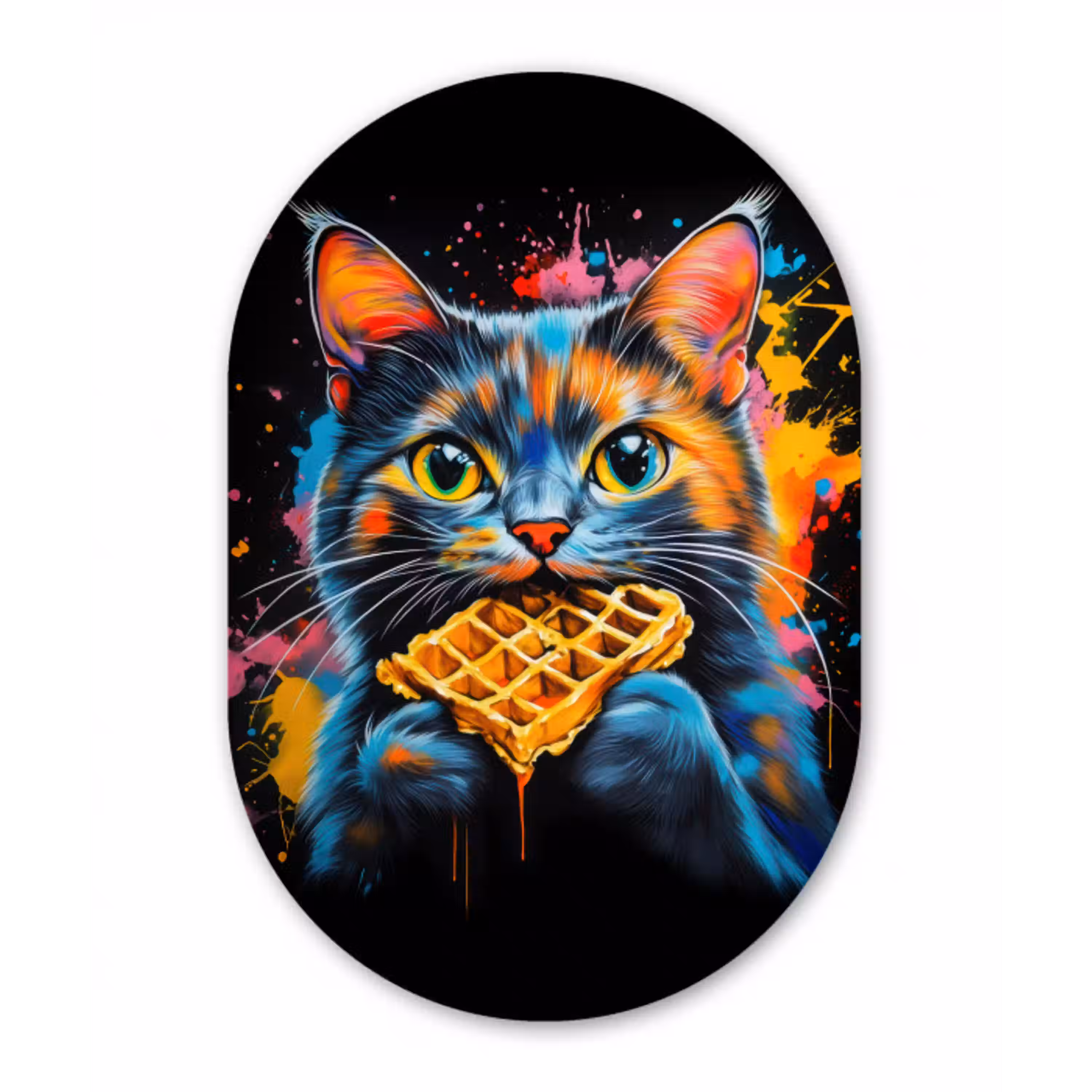 Kat - Graffiti - Kleurrijk - Wafel - Eten Wandcirkel Ovaal Aluminium middel -3d