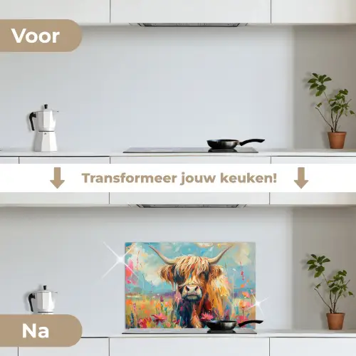 Schotse hooglander - Natuur - Kleurrijk - Bloemen keuken achterwand spatscherm klein -voor_na_NL