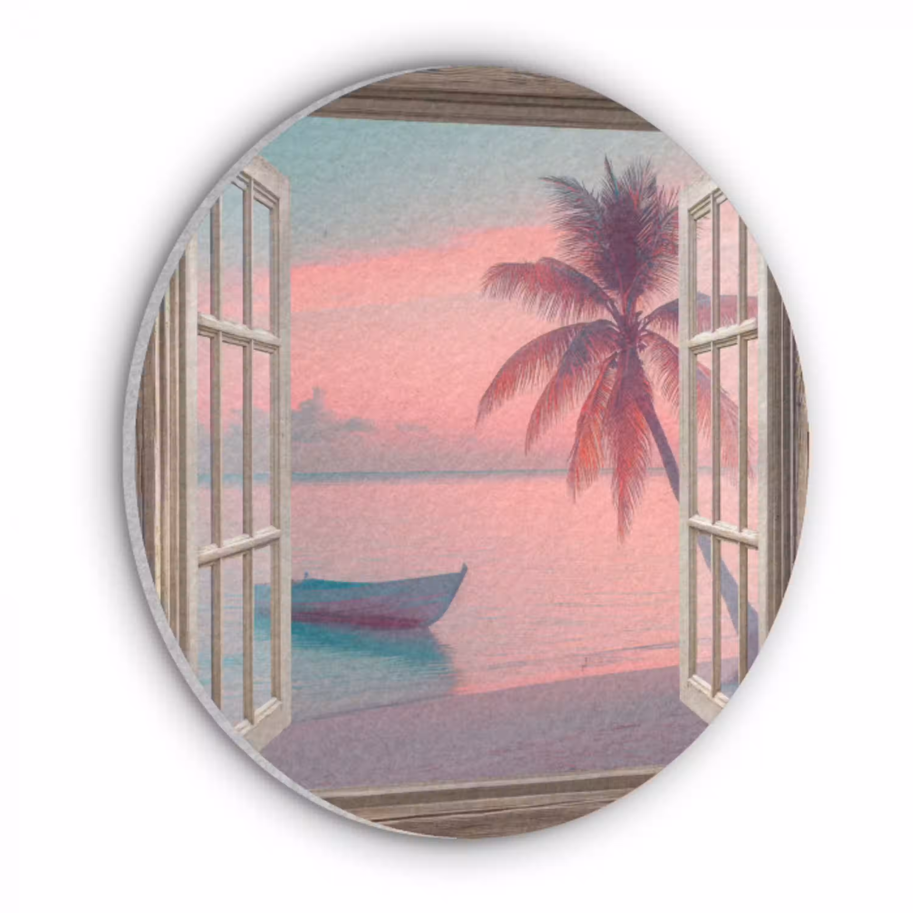 Doorkijk - Strand - Palmboom - Tropisch Akoestische PET Vilt - Rond klein -3d