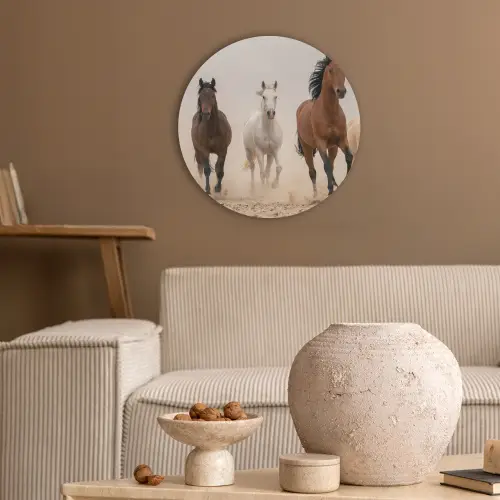 Kudde paarden - Stofwolk - Bruin - Zwart Akoestische PET Vilt - Rond klein -sfeer1