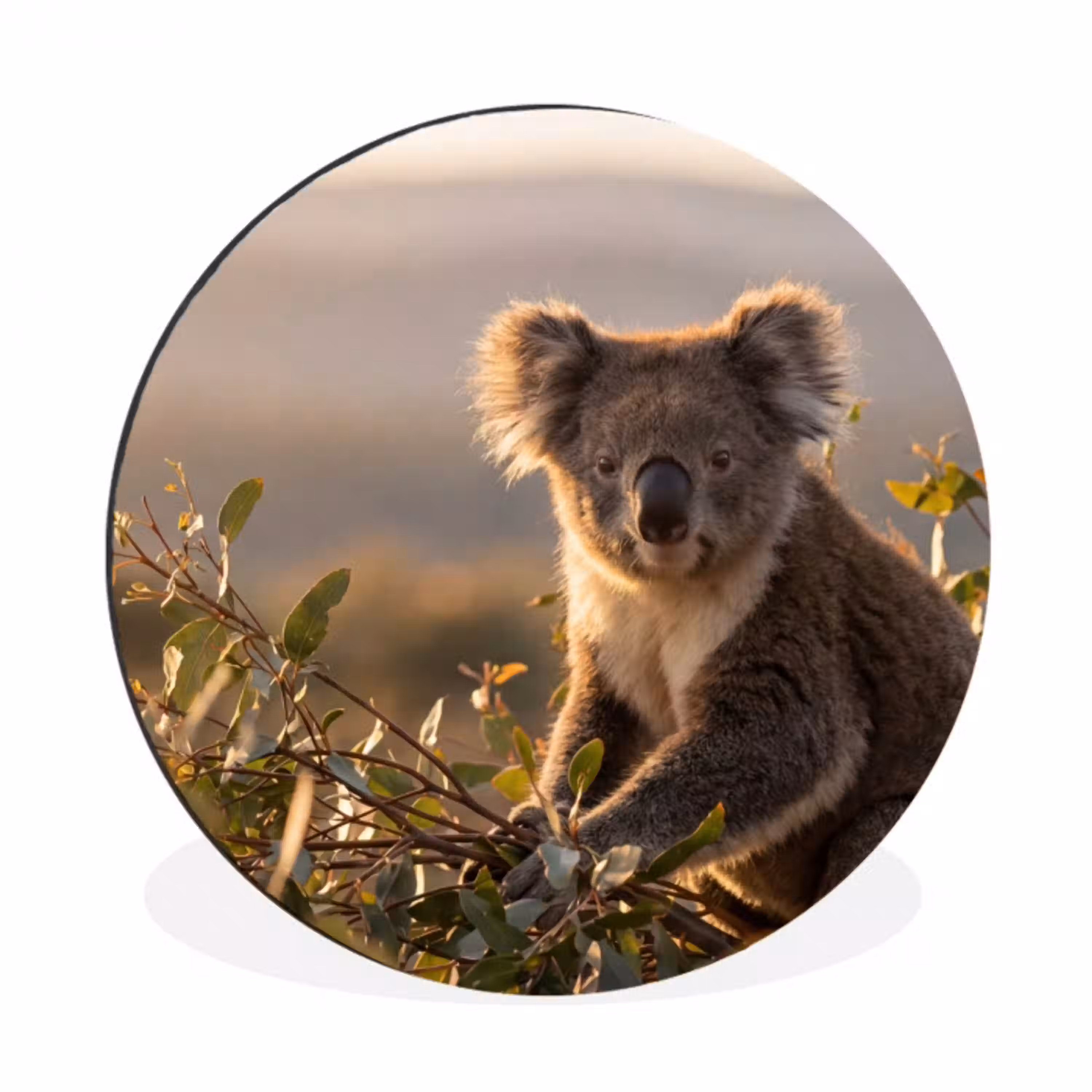 Koala - Bladeren - Ochtendlicht Wandcirkel aluminium klein -3d