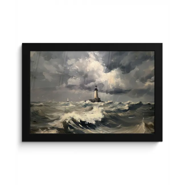 Vuurtoren - Golven - Storm fotolijst zwart zonder passe partout klein -3d