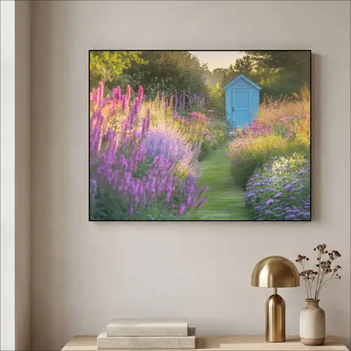 Tuinhuisje - Blauw - Bloemen Textielframe zwart klein -sfeer2