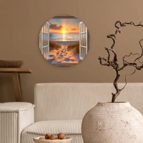 Doorkijk - Strand - Duinen - Zonsondergang Wandcirkel kunststof plaat 5mm dik klein -sfeer1
