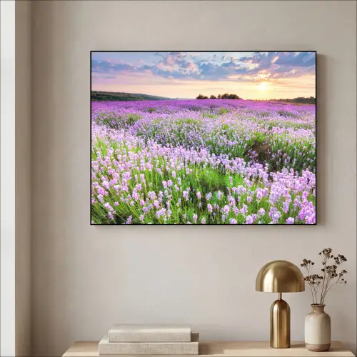 Lavendel - Bloemen - Zonsondergang - Paars - Weide Textielframe zwart klein -sfeer2