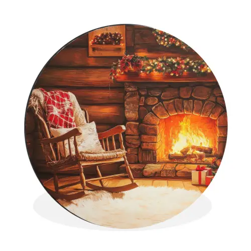 Winter - Kerst - Huis - Openhaard Wandcirkel aluminium klein -3d