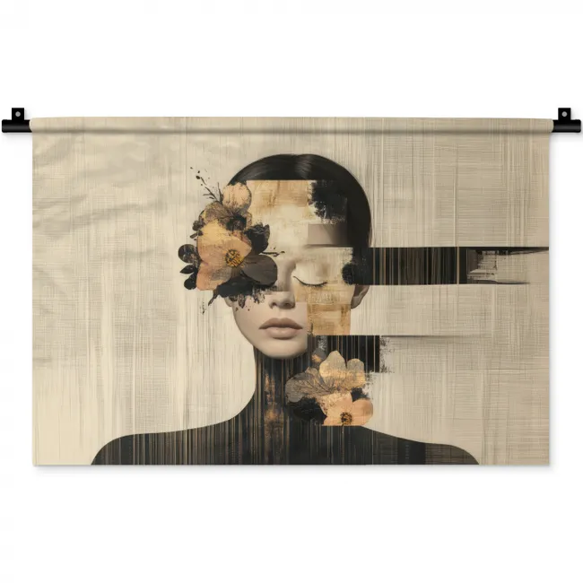 Wandkleed - Gezicht - Bloemen - Zwart - Vrouw