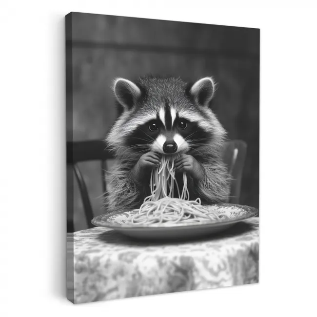 Canvas schilderij - Wasbeer - Cute - Pasta - Tafelkleed - Zwart - Wit